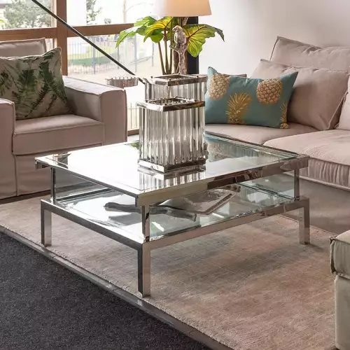 Hazenkamp Fachhändler Couchtisch Farley 100x100x40cm verschiebbar silber Glas (109561)