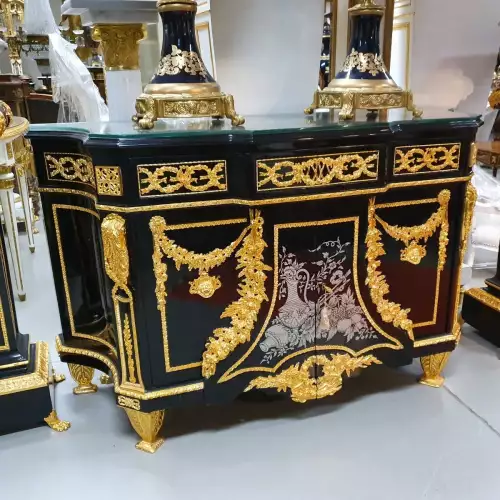 rolandk-wohnen Luxus Barock Commode mit 2 Sulen schwarz-gold vergoldet (SV2246)